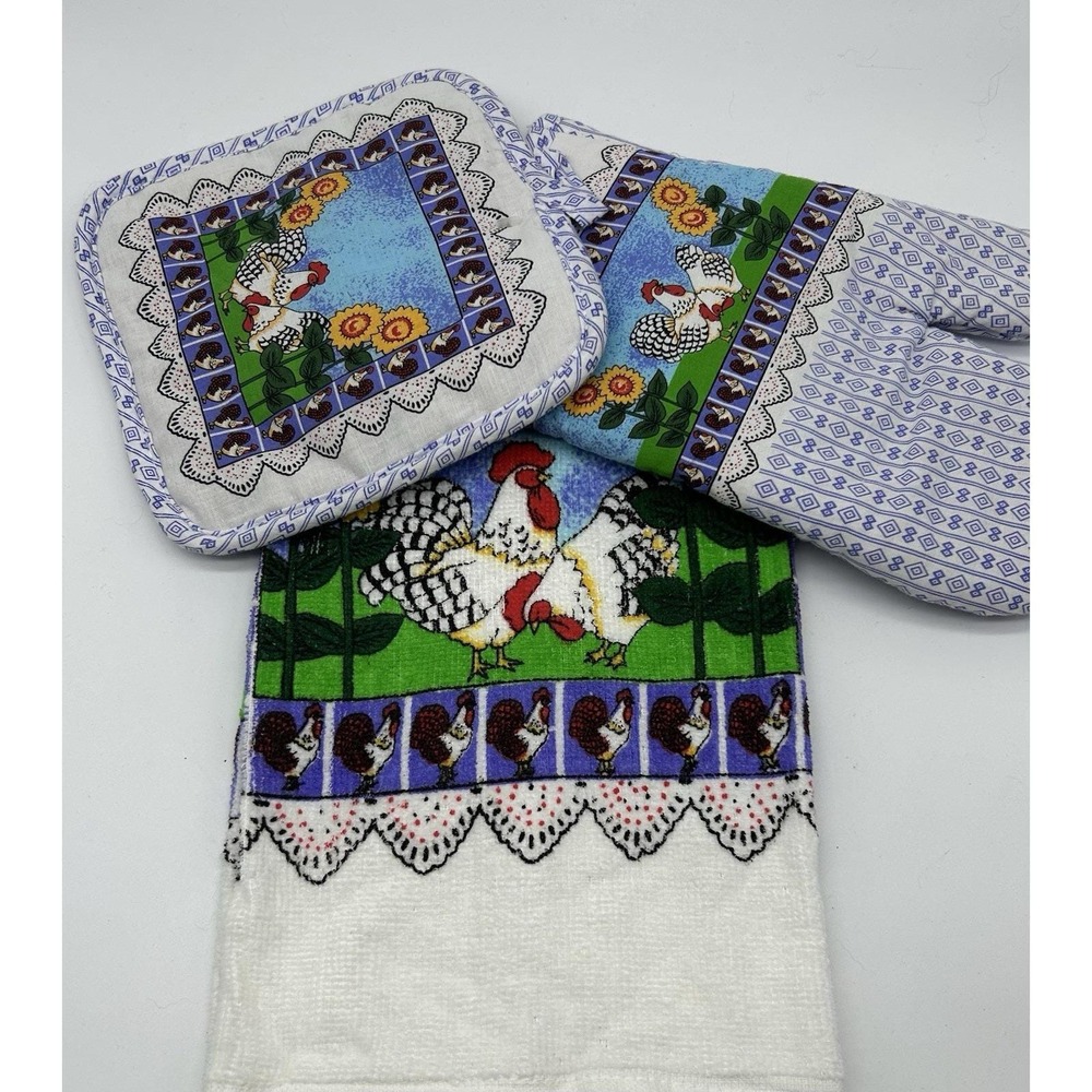 Vintage Kitchen Linen Set Rooster Sunflowers Tea Towel Oven Mitt Pot Holder NEW